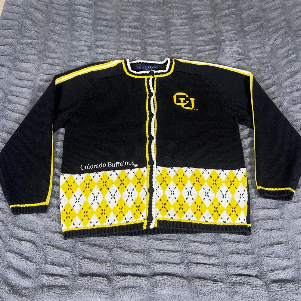 Birch Bros Colorado Buffaloes Cardigan Sweater Womens Medium Black Gold Argyle